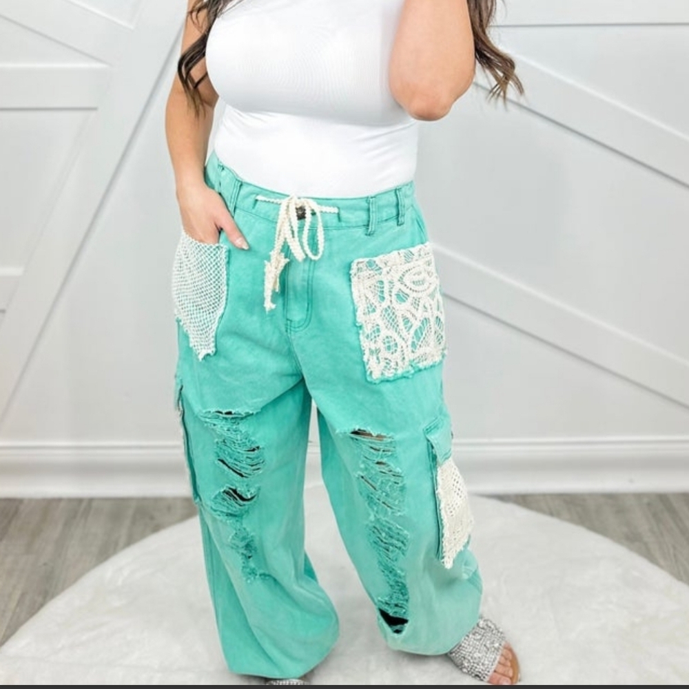 POL Mint Green Distressed Patchwork Jogger Pants - Picture 2 of 7